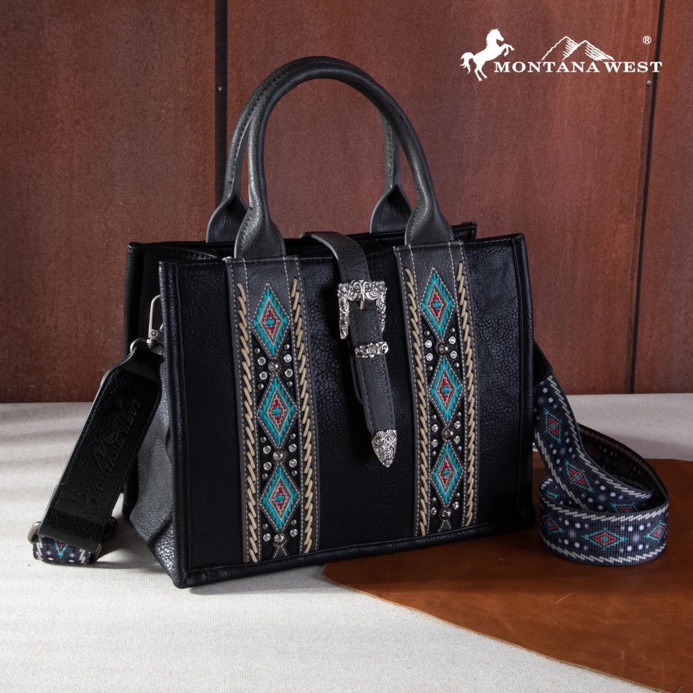Montana West Buckle Aztec Concealed Carry Tote/Crossbody - Black